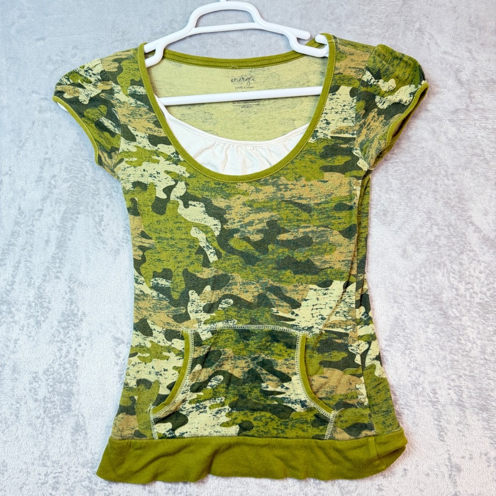 Energie T-Shirt Junior Girls M Green Camo Scoop Neck Kangaroo Pocket Y2k Grunge